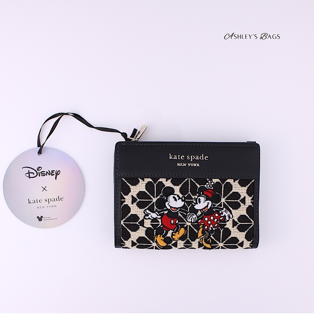 Kate Spade x Disney Minnie Mickey Spade Flower Jacquard Compact Bifold Wallet